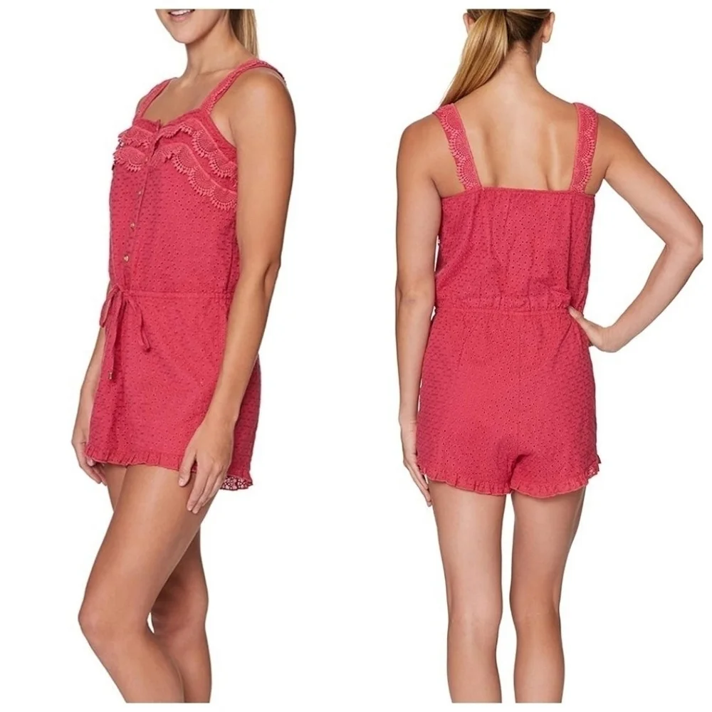 NWT Sperry Cotton Button Down Eyelet & Lace Drawstring Waist Romper Pink Red L